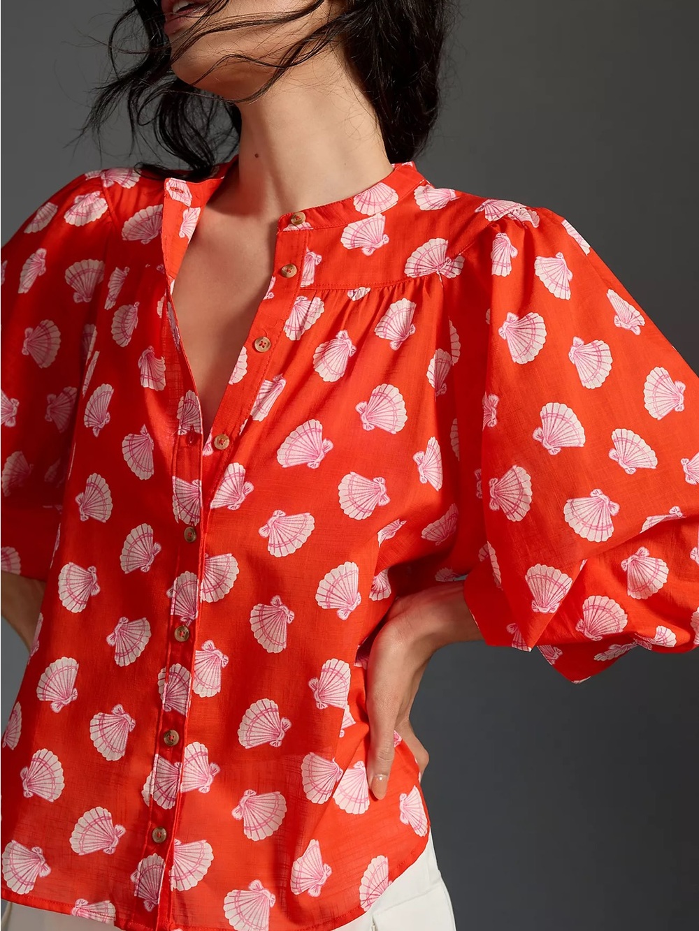 Maeve Anthropologie Seashell Print Puff Sleeve Button Down Blouse Large